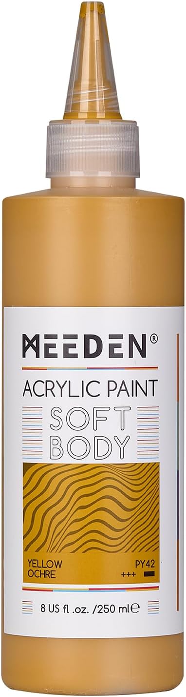 MEEDEN Soft Body Acrylic Paint: Yellow Ochre Matte Finish - 250ml/8.45oz Bulk Acrylic Colors in Ergonomic Bottle - Fluid Flow Art Paints for Artists Canvas Painting