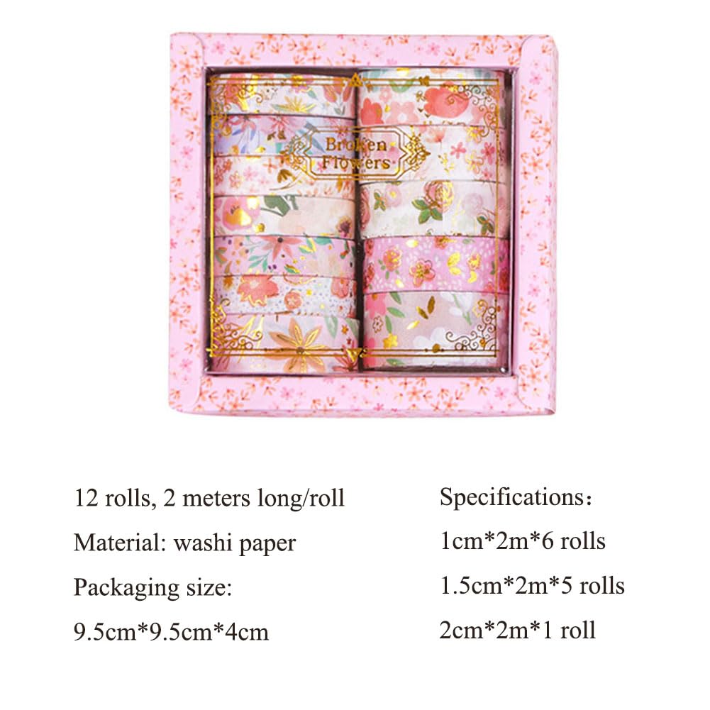 MAFELOE 2 Meters Long 12 Rolls Washi Tape Set, Decorative Adhesive Supplies for Scrapbook Journaling Junk Bullet Art Collage-Floral Print Series-Pink (HZ-3Y-SHMJ-01)