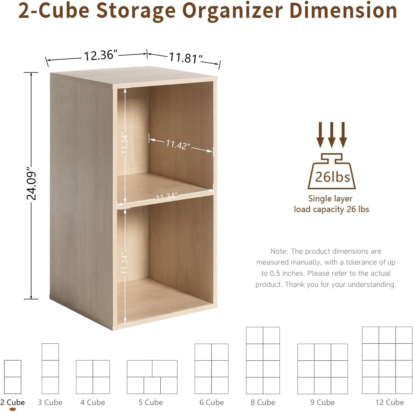 Wooden 2-Cube Storage Organizer with Closed Back Panel, 11in Cube Shelf Opening, Bookshelf, Display Shelf,Closet Cabinet for Home and Office,White Oak