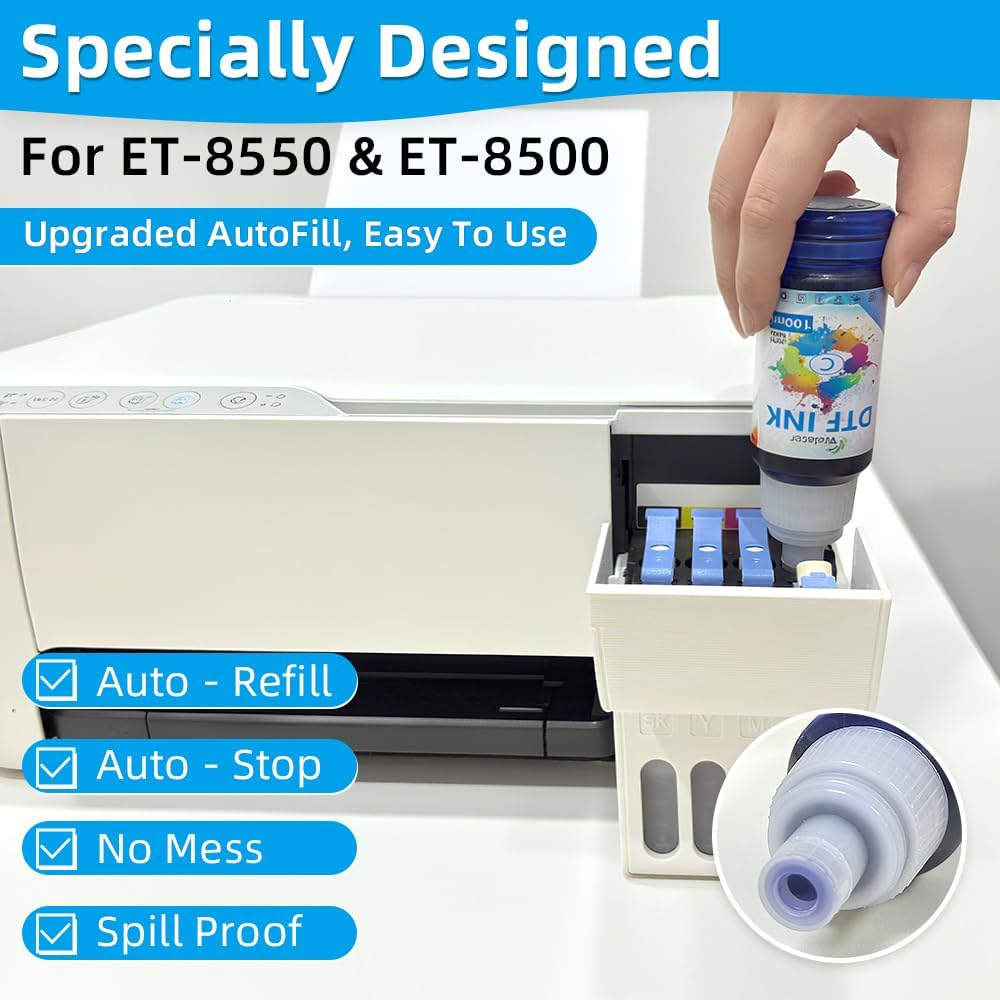 Upgraded Auto-Fill DTF Ink for ET-8550, ET-8500, 100mlx6 Heat Transfer Ink Conversion Kit, High Density Pigment Ink - Compatible with All DTF Films&Printers(Anti-UV, ICC-Free)