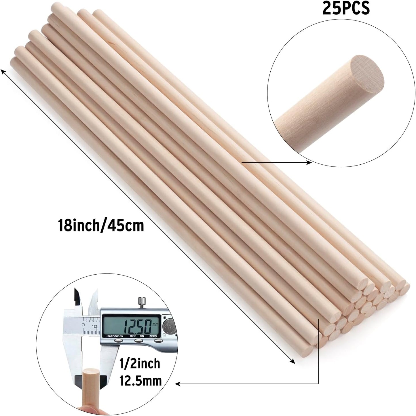Wood Dowels Wooden Dowel Rods for Crafts, 25PCS 1/2 x 18 Round Macrame Wooden Sticks for Crafting, Unfinished Hardwood Sticks for Arts and DIYers, Tiered Cake Support and Wedding Ribbon Wands