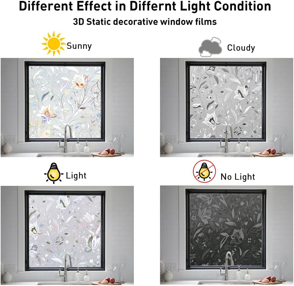 NINETREX Window Privacy Film,3D Stained Glass Window Film,Decorative Window Covering Sun Blocking Vinyl Static Cling Anti-UV Heat Control for Home Decor,Tulip 17.5 x 157.4inch