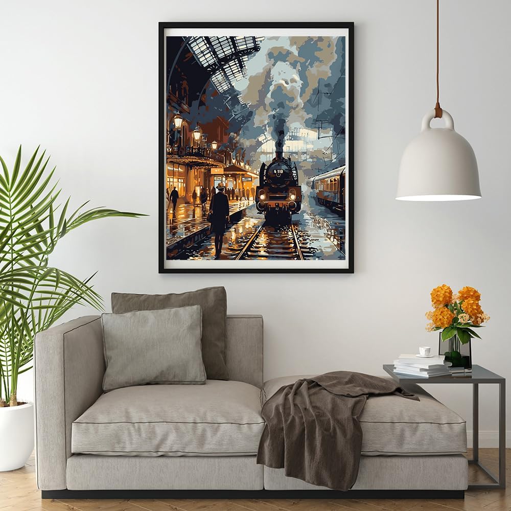 Moohue 14ct Counted Cross Stitch Kits for Adults Train Station Printed Stamped Cross Stitch Patterns Kits Cross Stitch Supplies (Train Station)