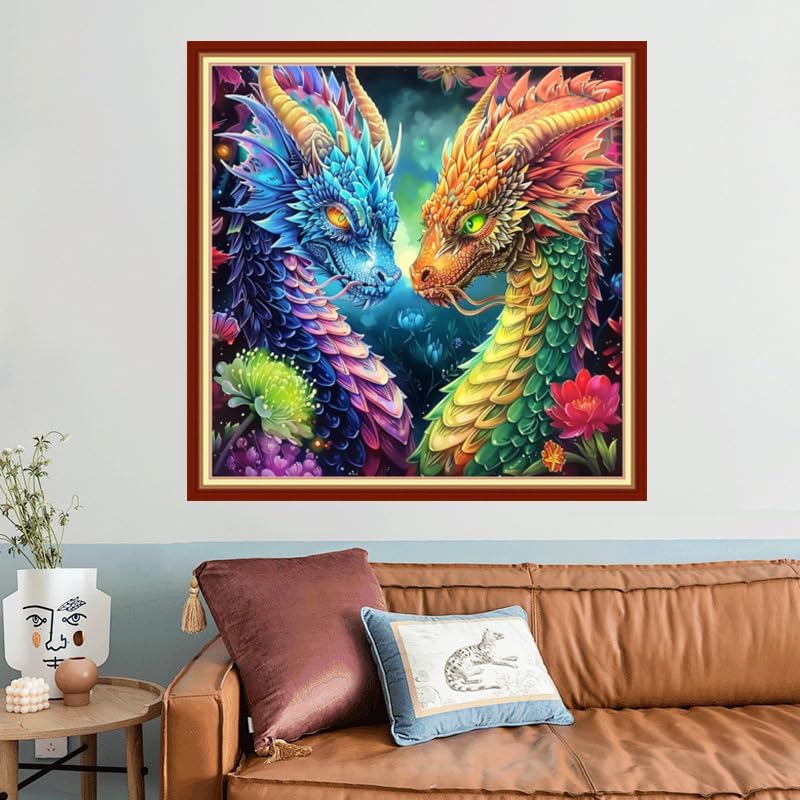 Joyhoor Stamped Cross Stitch Kits for Beginners, Needlepoint Kits for Adults, 11CT Counted Embroidery Kits-Colorful Dragon 18x18 inchs