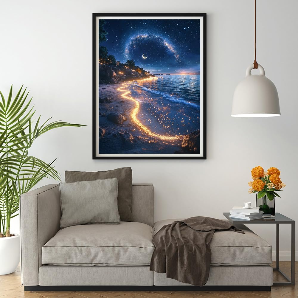 14ct Counted Stamped Cross Stitch Kits for Adults Printed Cross Stitch Patterns Night Moon Beach Art Crafts Cross Stitch Supplies (Night Moon Beach)