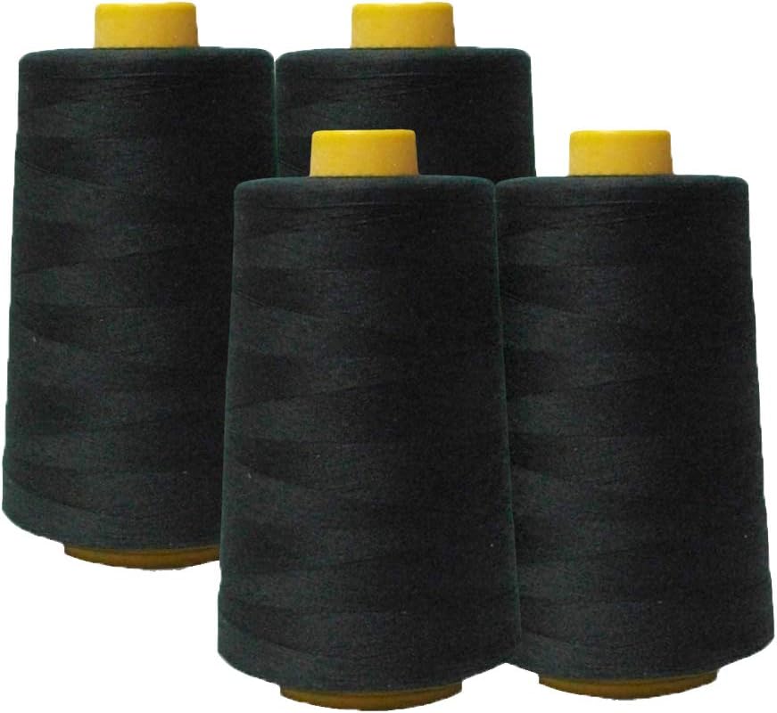 AK Trading 4-Pack Black All Purpose Sewing Thread Cones (6000 Yards Each) of High Tensile Polyester Thread Spools for Sewing, Quilting, Serger Machines, Overlock, Merrow & Hand Embroidery.