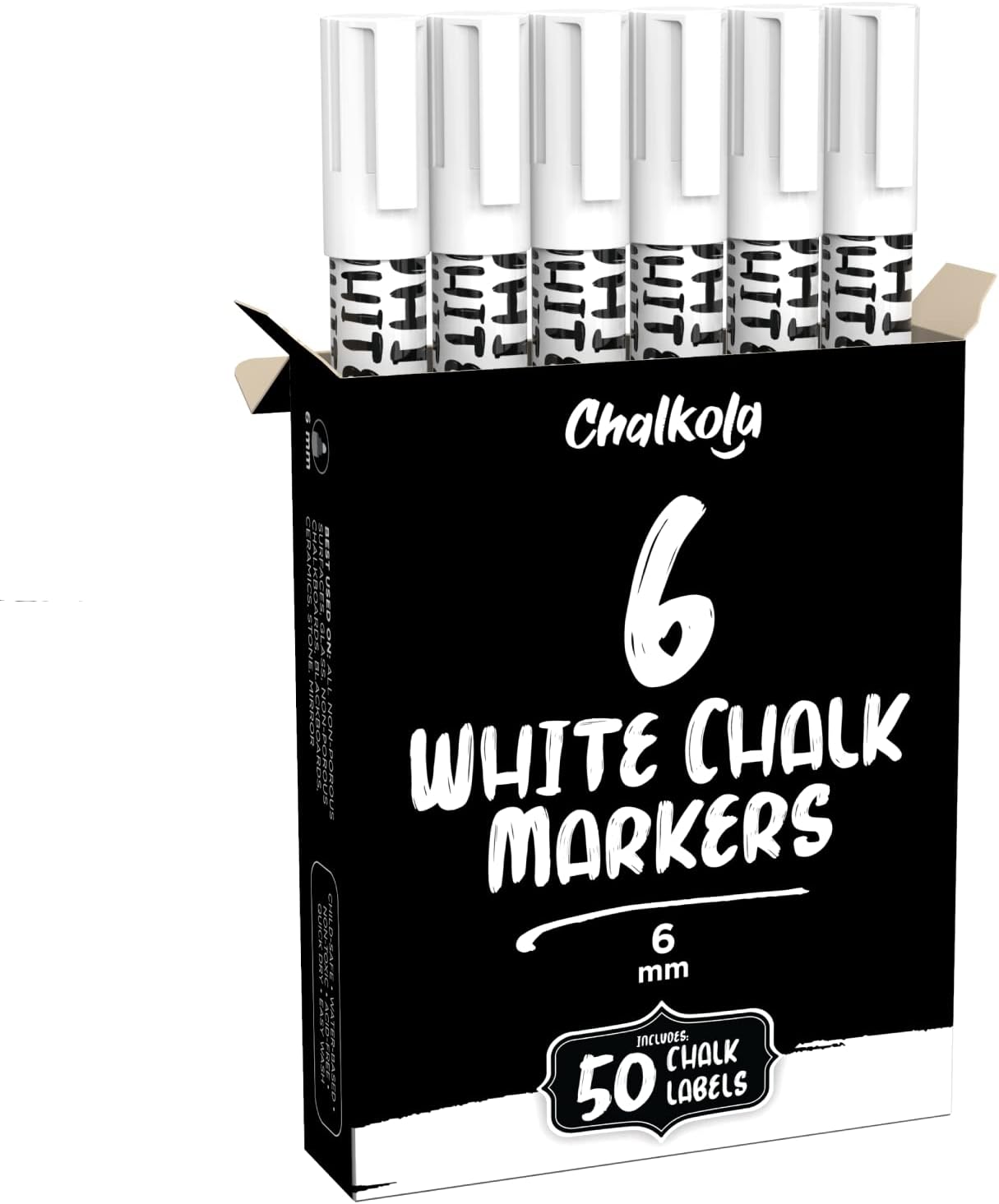 Chalkola White Chalk Markers (6 Pack, 6mm Reversible Tip) - White Dry Erase Liquid Chalk Pens for Blackboard, Window, Bistro, Car Glass, Board, Calendar - Erasable Chalkboard Markers + 50 labels