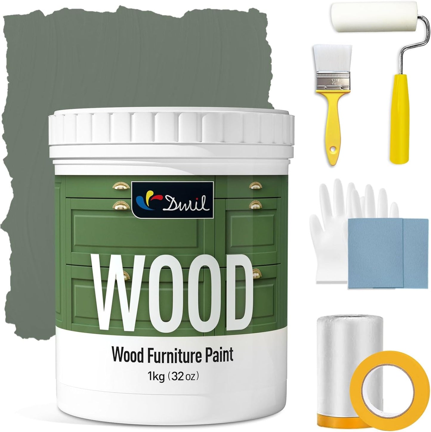 DWIL Matte Finish Furniture Paint - 32 Oz Wood Paint for Cabinets, Doors, Tables, and Dressers Refinishing - Water-Based, Non-Toxic & Odorless, Easy to Apply(Cardamom Green)-With Tools