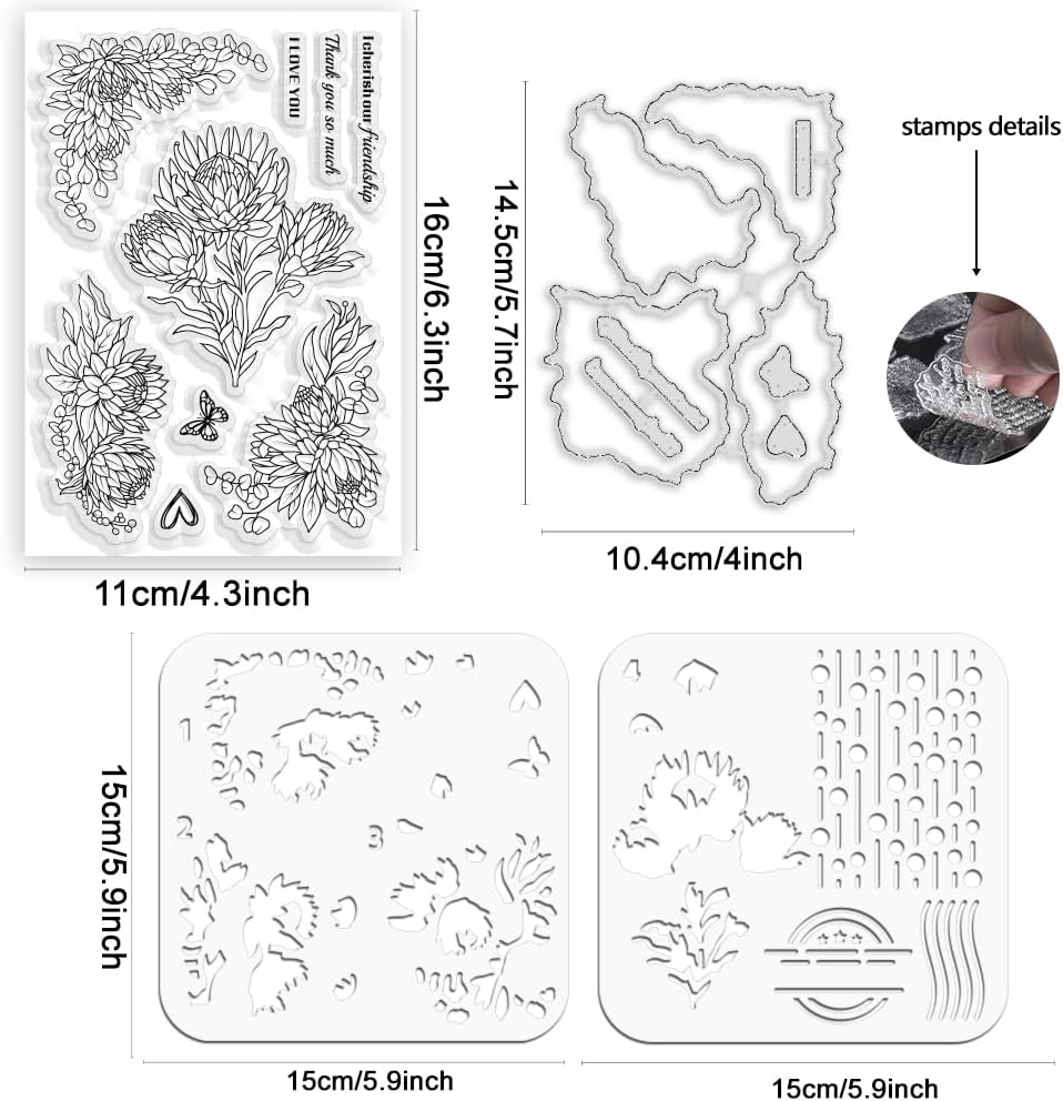ORIGACH Realistic Protea Cynaroides Flower Layering Stencil Stamp and Die Set for Card Making, Silicone Stamps Metal Die Cut and Template for Card Making Scrapbooking DIY Crafting