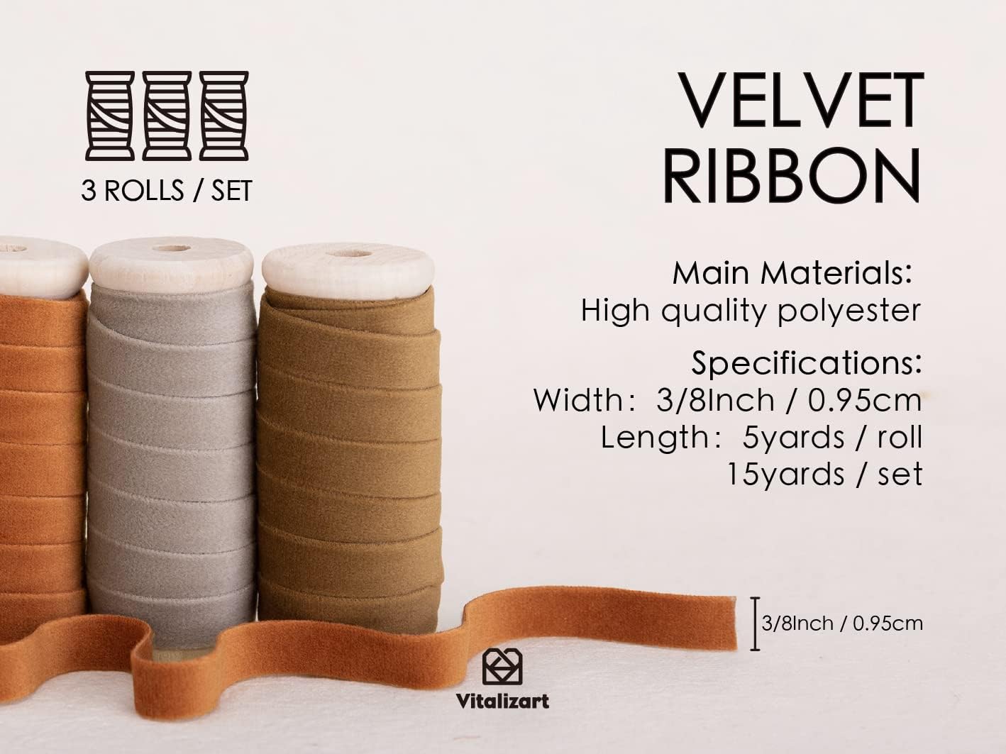 Vitalizart Fall Velvet Ribbon Set 3/8" x 15 Yd Wooden Spool Fabric Trim 3 Rolls * 5 Yd for Christmas Wreath Decoration Handmade Craft Ornaments Gift Wrapping & Bow Making