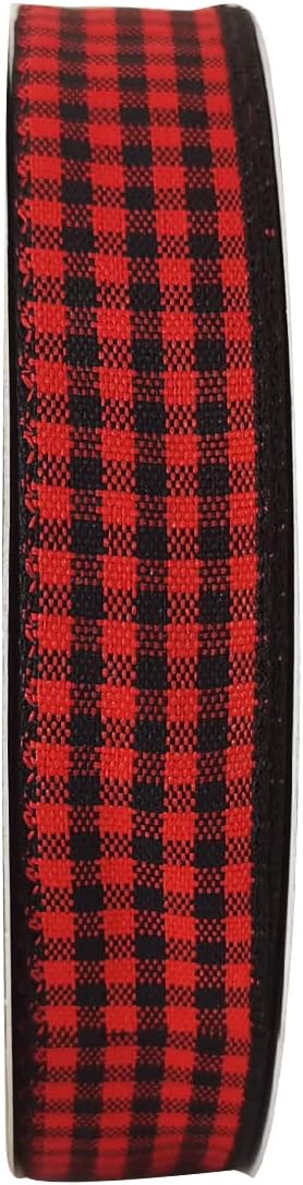 Red and Black Gingham Plaid Checked Ribbon 25 Yards Each Roll 100% Polyester (5/8",BlackRed)