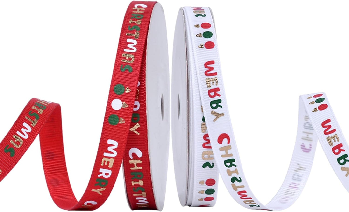 Christmas Gift Wrapping Ribbon, Red, Green, 2 Rolls Printed Grosgrain Ribbons for Crafts, Floral Bouquets, Sewing, Party and Festive Holiday Decor (2 Rolls(White/Red) A, 1 Rolls=3/8in * 10Yards)