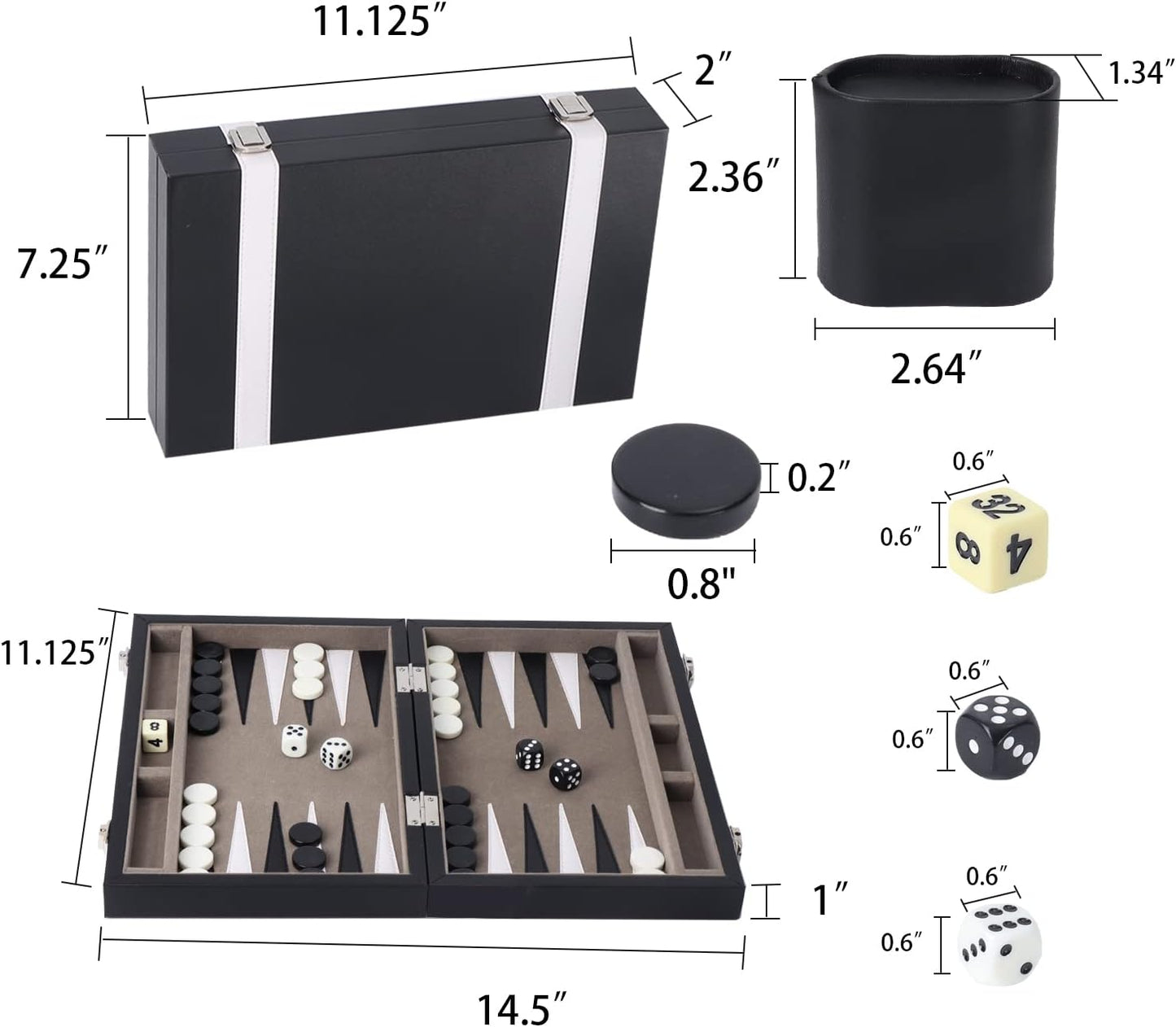GSE Games & Sports Expert Premium Leather Backgammon Board Game Set, Classic Backgammon Game Set with Leather Case, Travel Folding Board Game (Black&Grey, Small)