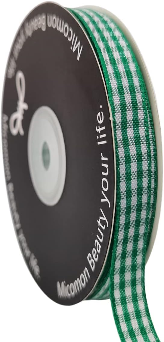 Green Gingham Plaid Checked Christmas Ribbon 25 Yard Each Roll 100% Polyester (3/8", Green)