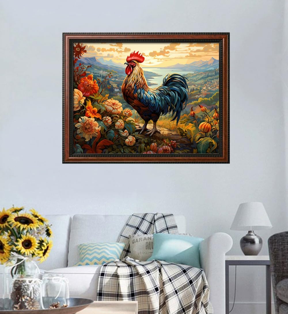 Leczany Cross Stitch Stamped Kit for Adults or Kids - Colorful Rooster | DIY Embroidery Starter Patterns Craft Kit Needlepoint for Beginner | 11CT, 3 Strands | 17.3x13 inches