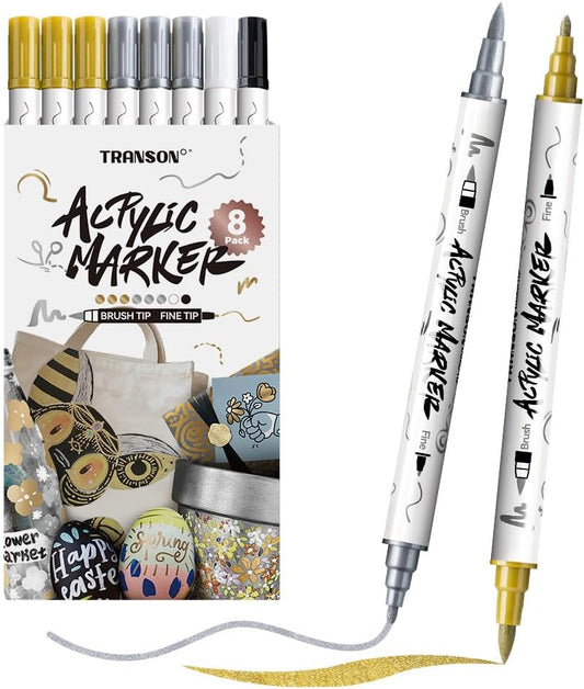 TRANSON 3 Gold, 3 Silver, 1 Black and 1 White Paint Markers Brush and Fine Dual-tip Acrylic Paint Marker Set for Rock Painting Glass Canvas Wood Leather Ceramic Painting