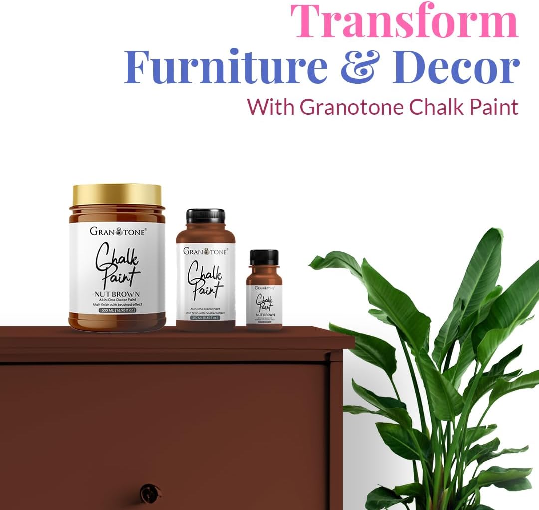 GRANOTONE Chalk Paint for Furniture | Matt-Finish Water-Based Acrylic Paint for Wood, Walls, Metal, Glass, Paper, Fabric Canvas | Maximum Coverage Chalk Paint for Kids & Adults, 250 Ml (NUT BROWN)