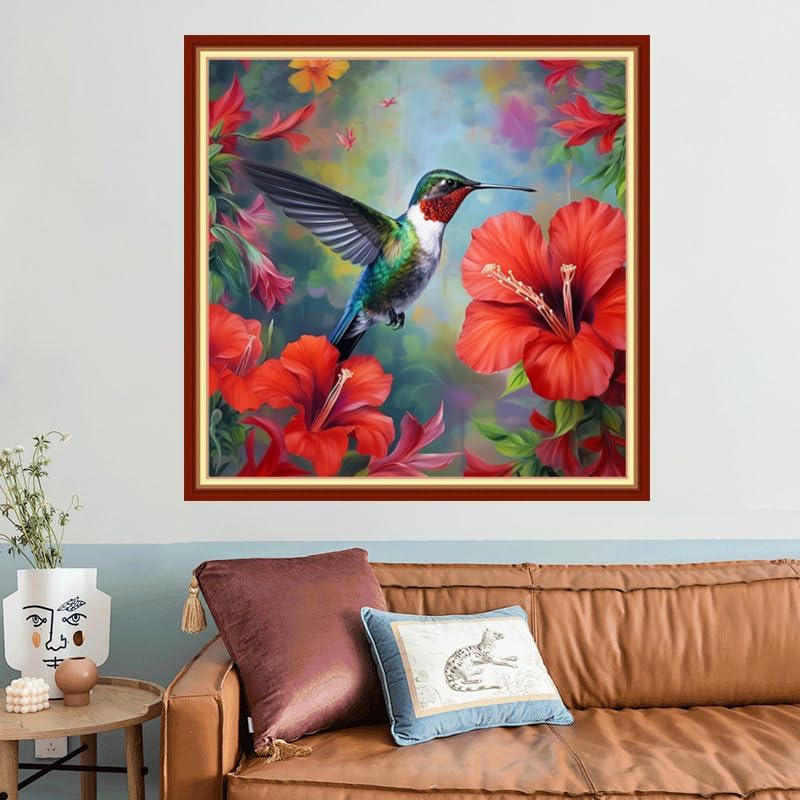 Joyhoor Stamped Cross Stitch Kits for Beginners, Needlepoint Kits for Adults, 11CT Counted Embroidery Kits-Hummingbirds Gather Honey 18x18 inchs