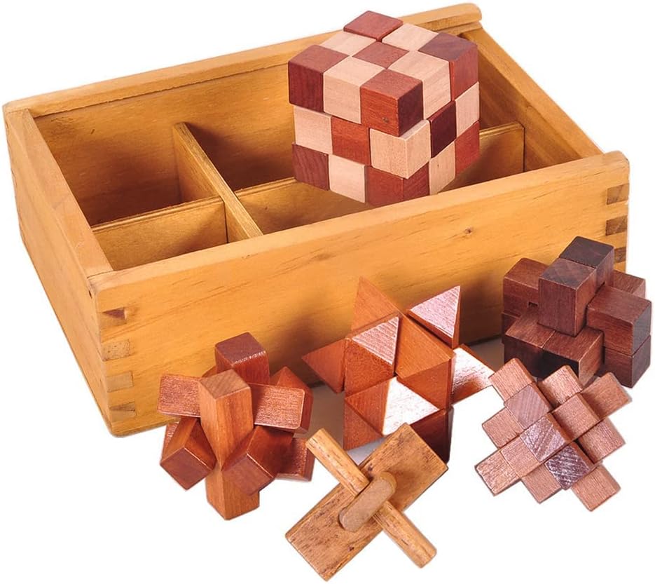 VolksRose 6pcs Wooden Brain Teaser Puzzles, IQ Challenge Puzzle Games, Logic Smart Mind Puzzle Box Lock Toy Removing Assembling 3D Small Puzzle Gift Set for Adults Teenagers Kids, 1.8inch 4.5cm