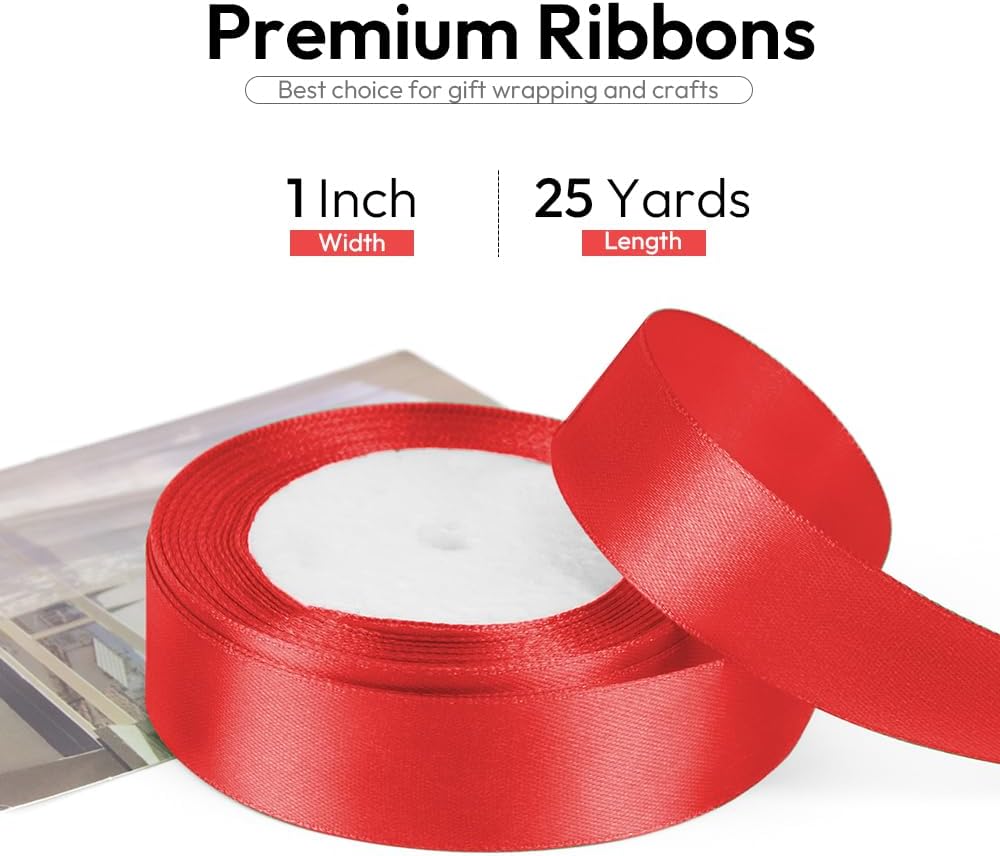 1 Inch 25 Yards Satin Ribbon Red, Solid Color Fabric Ribbon for Gift Wrapping, Wedding, Polyester Gift Ribbon for Birthday Party Decoration, Craft, Hair, Floral, Sewing