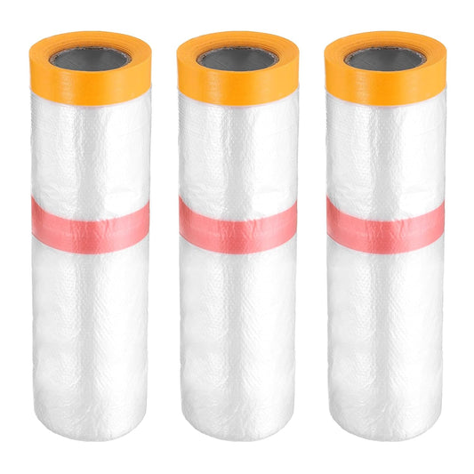 HARFINGTON 3 Rolls Pre-Taped Masking Film 106.3" x32.8ft Double Adhesive Tape and Drape Painters Plastic Drop Cloth Film with Tape Plastic Sheeting for Automotive Painting Covering