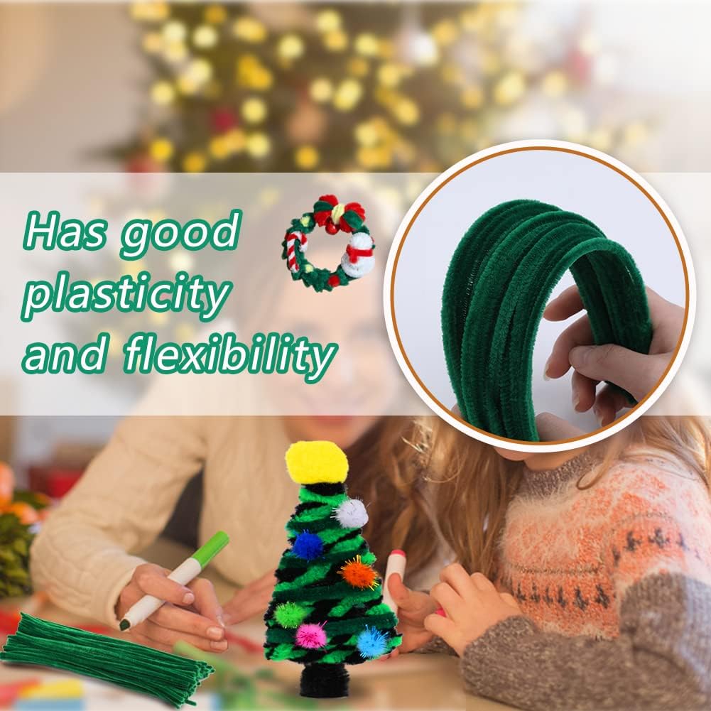 kdafio 120 Pcs Dark Green Pipe Chenille Stems, Chenille Stems Pipe Cleaners Long Craft Pipe Cleaners Pipe Cleaners for Hair Locs Beginner Creative Crafts Christmas Decorations