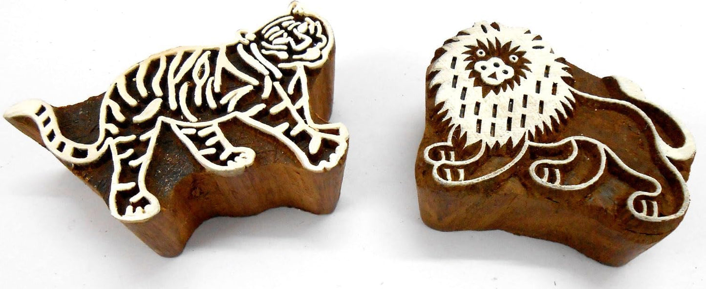 Lion Tiger Wooden Blocks Stamps for Printing on Textiles, Pottery Crafts,Henna, Scrapbooking (Set of 2)
