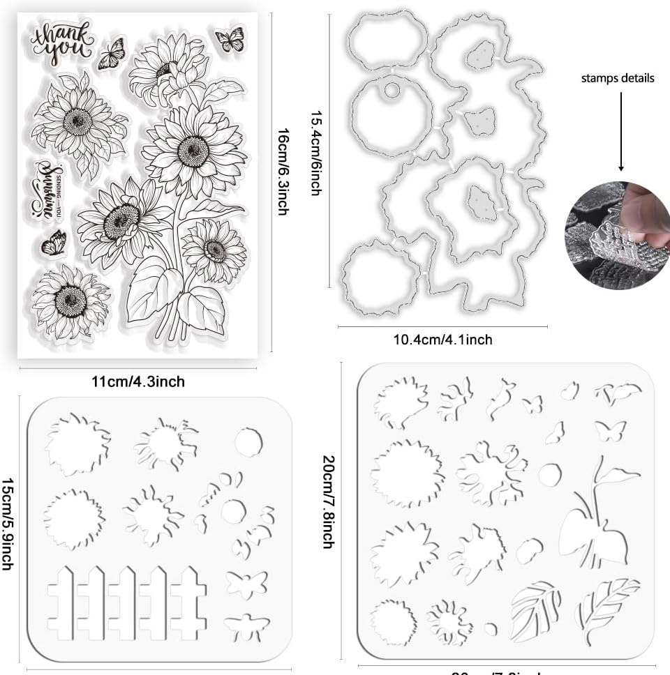 ORIGACH Realistic Sunflower Stamps and Dies and Layering Coloring Stencil Set, Silicone Stamps Metal Die Cut and Flower Stencil Template for Card Making Scrapbooking DIY Crafting