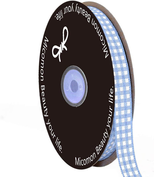Light Blue Gingham Plaid Checked Ribbon 25 Yard Each Roll 100% Polyester (3/8", Lt.Blue)