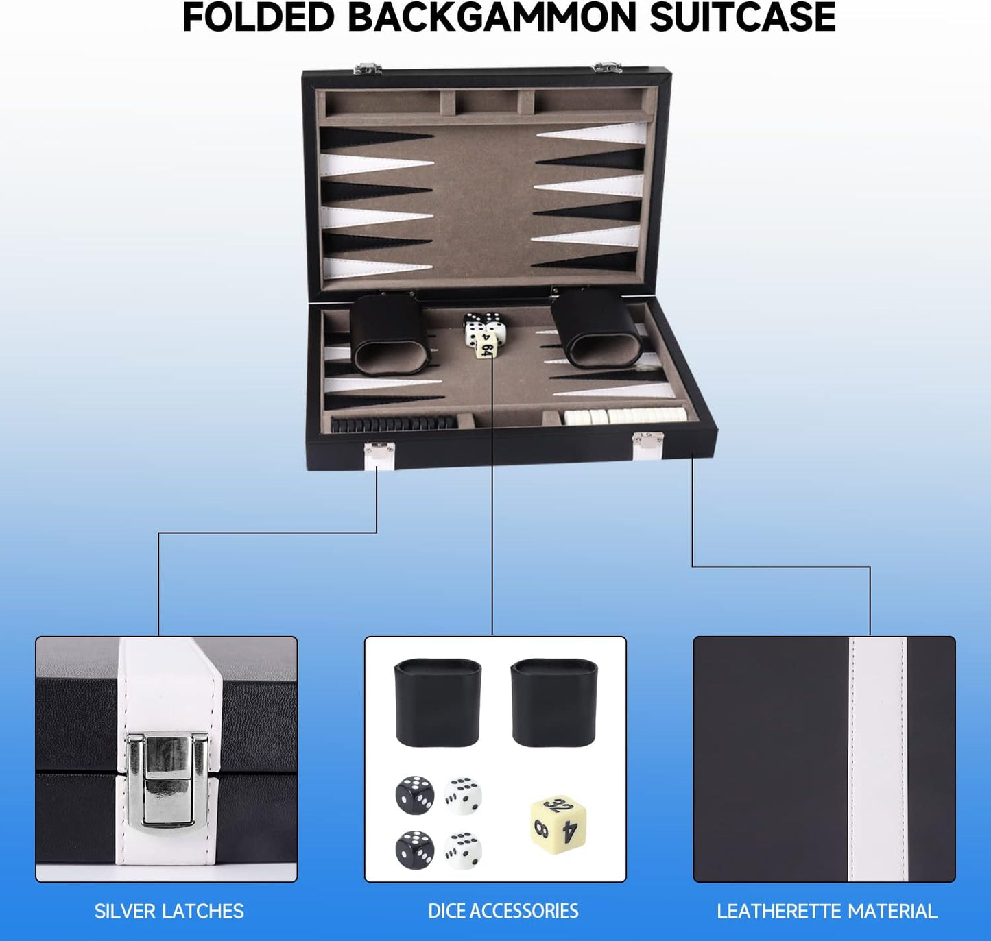 GSE Games & Sports Expert Premium Leather Backgammon Board Game Set, Classic Backgammon Game Set with Leather Case, Travel Folding Board Game (Black&Grey, Small)