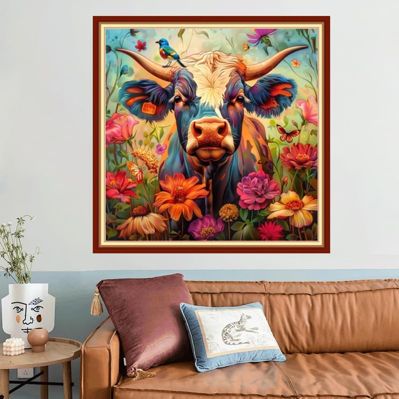 Joyhoor Stamped Cross Stitch Kits for Beginners, Needlepoint Kits for Adults, 11CT Counted Embroidery Kits-Colored Cattle 18x18 inchs