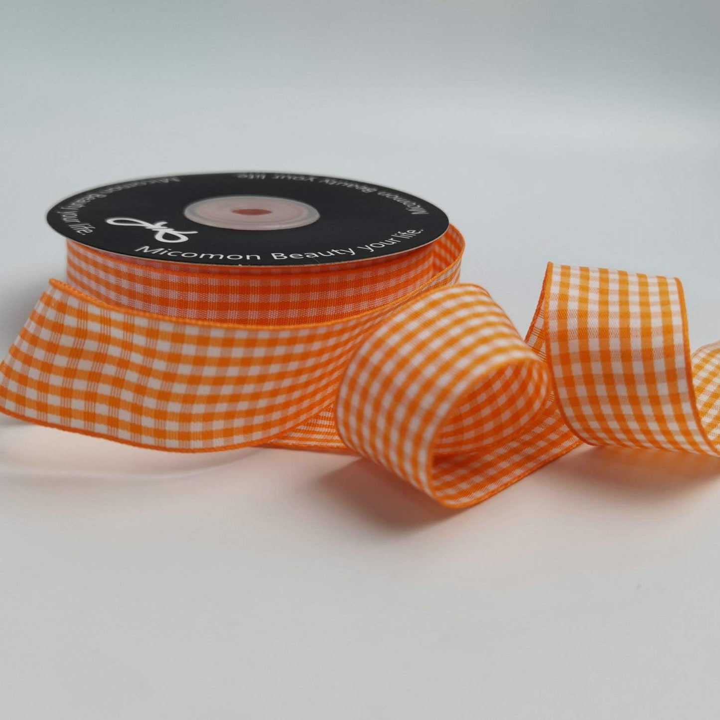 Micomon Orange Gingham Plaid Checked Ribbon 25 Yard Each Roll 100% Polyester (1", Orange)