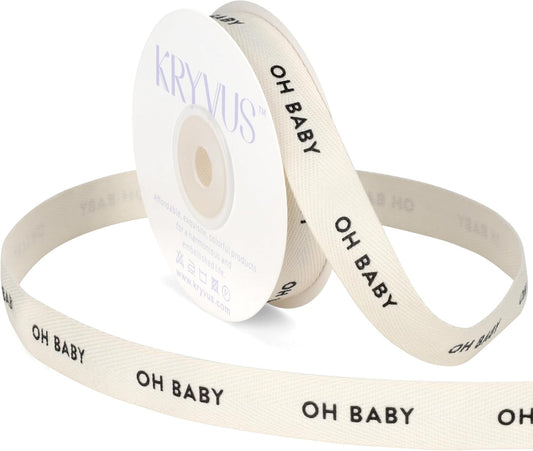 Baby Shower Ribbon - 5/8 Inch x 12 Yards Natural Twill Tape Ribbon, Cotton Herringbone Ribbons for Gift Wrapping, Birthdays, Christmas, Anniversaries, Valentine's Day, Mother's Day(OH Baby)