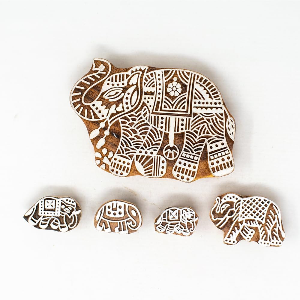 Wooden Block Stamp for Block Printing - Elephant Design Wooden Print Stamp Set of 5, Handcarved Indian Wood Stamps for Crafting on Fabric, Clay & Henna Tattoo HASHCART®