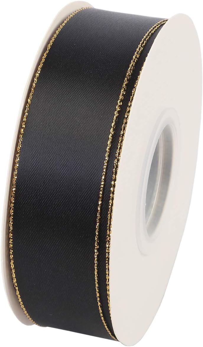 ITIsparkle 1" Inch Double Faced Satin Ribbon 25 Yards with Gold Edges, 1" X 25Yd - Black
