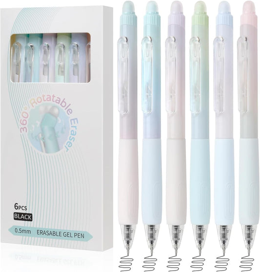 Erasable Pens, 6 Pack Fine Point 0.5mm Black Erasable Gel Pens with 360°Rotating Erasers, Make Mistakes Disappear, Comfort Grip for Drawing, Writing, Planning, and Crossword Puzzles (Black Ink)