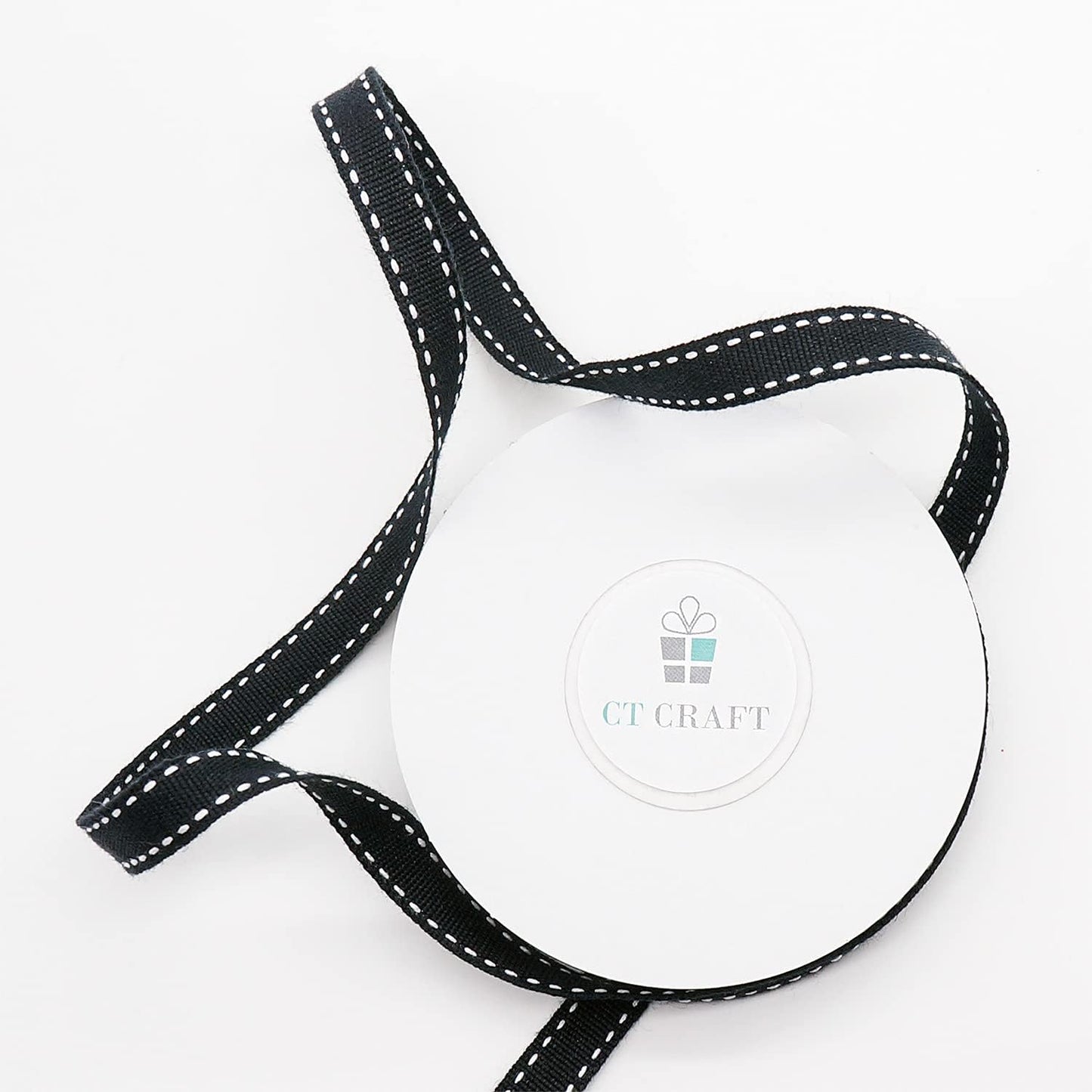 CT CRAFT LLC Black Cotton White Stitched Ribbon 3/8" x 10 Yards for Home Décor Gift Present Wrapping DIY Crafts Birthday Wedding Bouquet Christmas