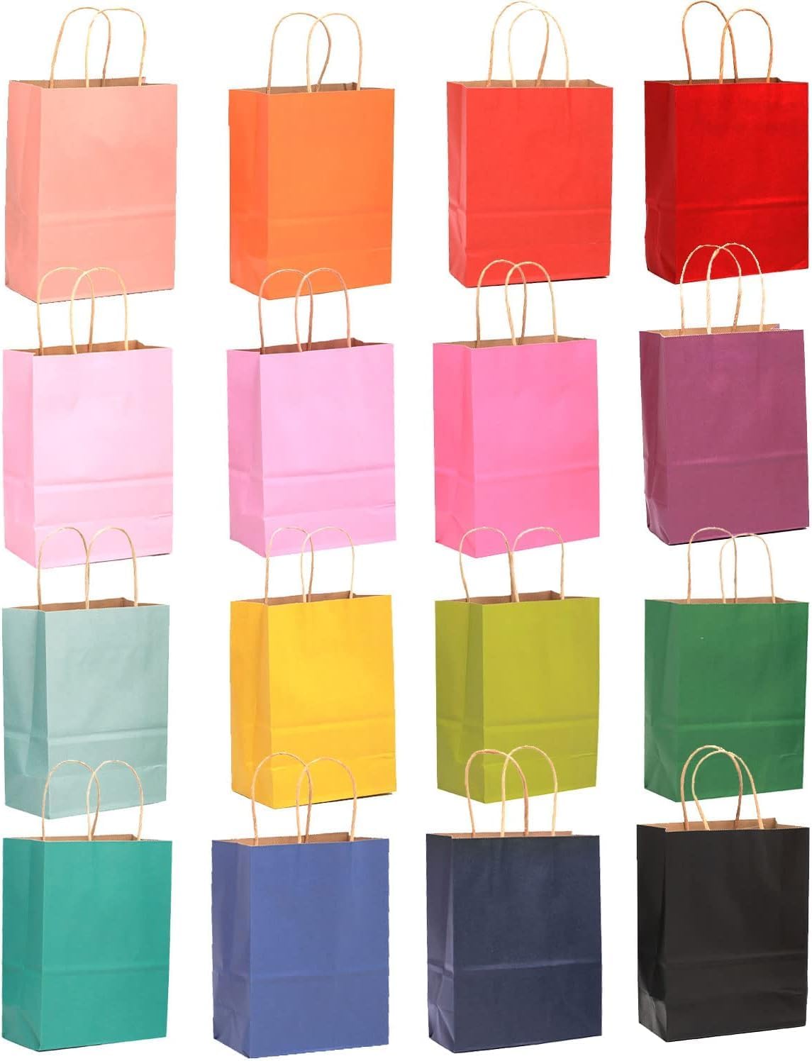 qiqee 60 pcs Kraft Bags with Handles 7.6"x4.75"x10.5" Medium Gift Paper Bag 16 Different Solid Color Bags