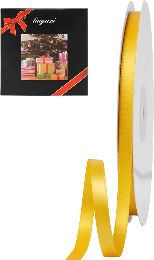 LIUYAXI Yellow Double Faced Satin Ribbon, 1/4" X Continuous 50 Yards, Thin Ribbons Perfect for Gift Wrapping Wedding Invitation Card Hair Bows Tag Floral Arrangement DIY Craft