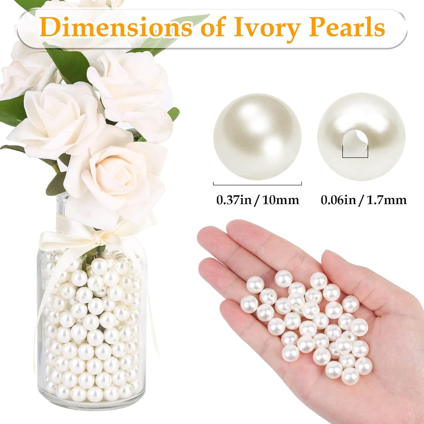 Pearl Beads for Craft, Anezus 500pcs Ivory Faux Fake Pearls, 10 MM Small Sew on Pearl Beads with Holes for Jewelry Making, Bracelets, Necklaces, Hairs, Crafts, Decoration and Vase Filler