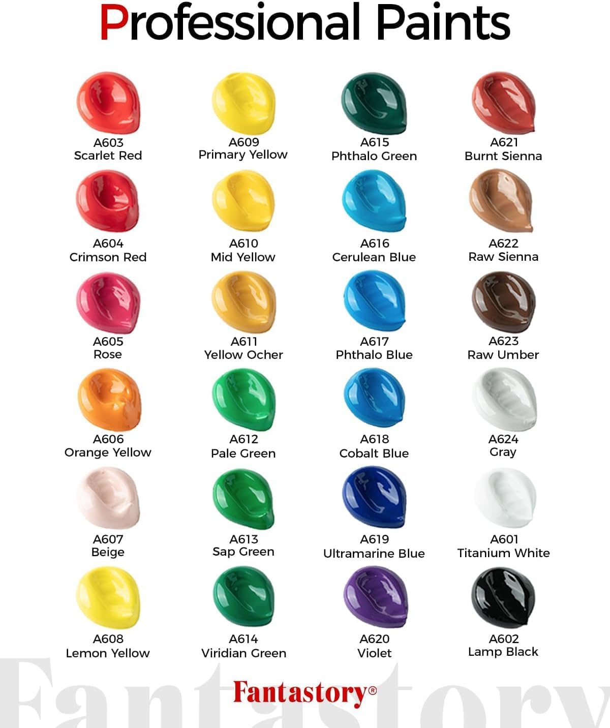Fantastory Acrylic Paint Set 24 Classic Colors(2oz /60ml) with 12 Brushes, Professional Craft Thick Paints Kits for Adults, Canvas Wood Fabric Ceramic Rock Painting Supplies [Professional Series]