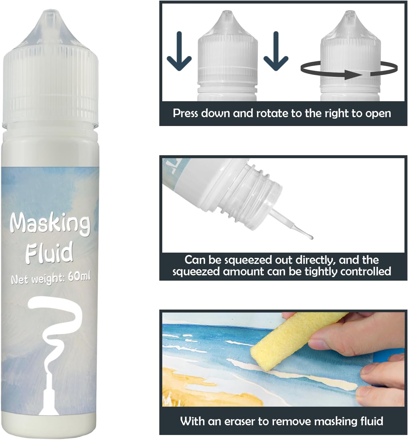 White Masking Fluid for Watercolor Painting 120ml, Resistant Ink and Pouring Paint, Watercolor Masking Fluid Keeps Areas Colorless and Edges Sharp