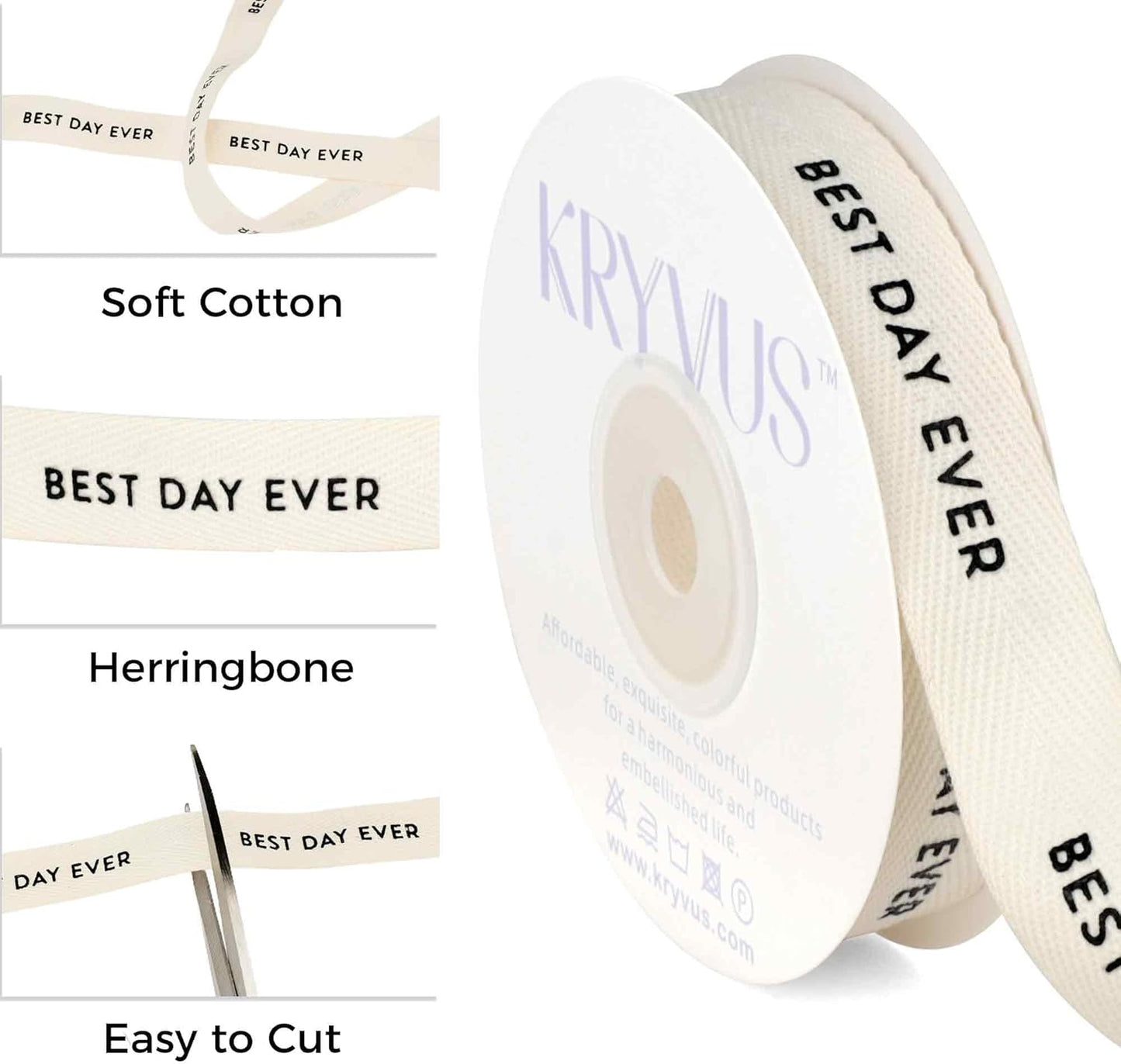 Best Day Ever Ribbon - 5/8 Inch x 12 Yards Natural Twill Tape Ribbon, Cotton Herringbone Ribbons for Gift Wrapping, Birthdays, Weddings, Christmas, Anniversaries, Valentine's Day, Mother's Day