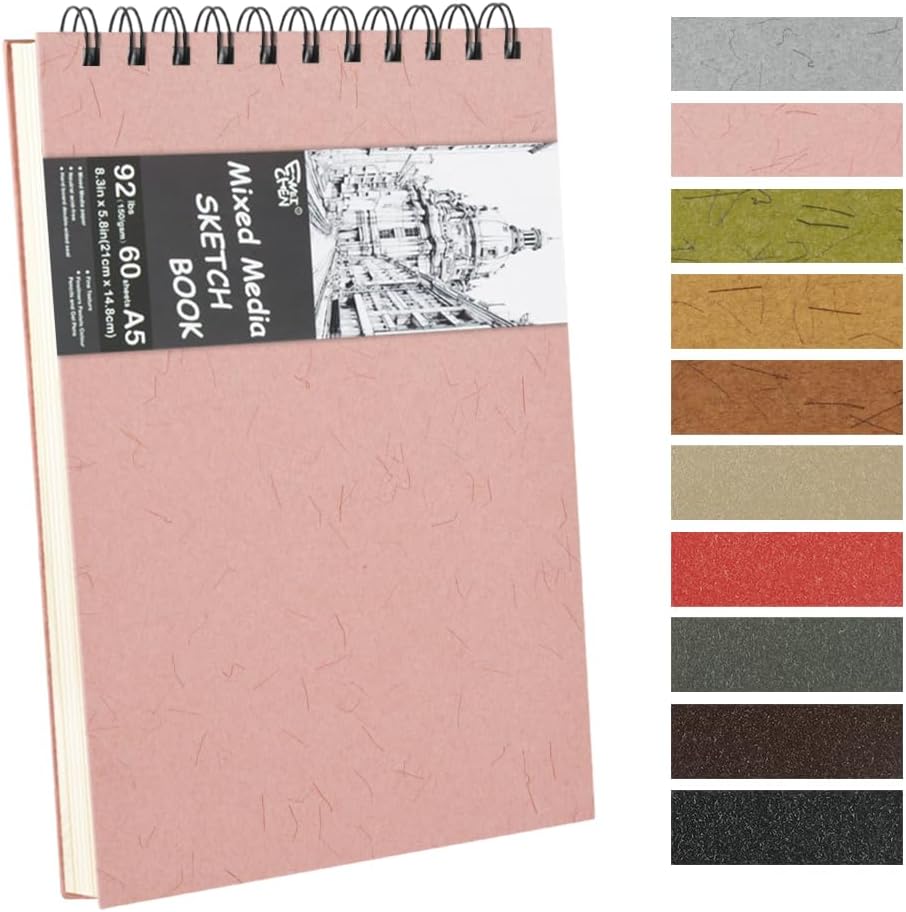 8.3x5.8 Sketch Book, Top Spiral Bound Sketch Pad, 60sheets 92lb/150gsm Nature White Paper, Acid-Free Mixed Media Paper for Painting, Dawing & Art Supplies. N-Pink