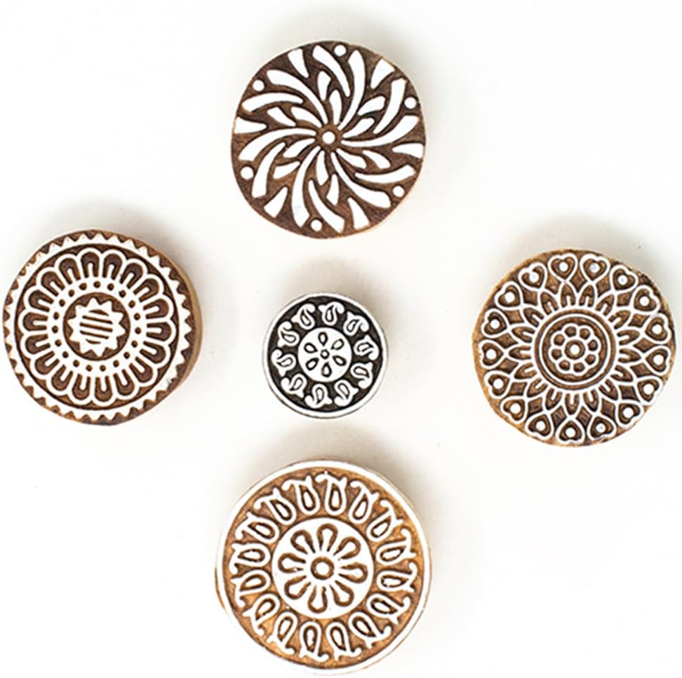 Round Shape Wooden Stamp Block for Block Printing - Handcarved Stamps for Saree Border/Scrapbook/Fabric/Textile/Paper/Clay/Pottery (Set of 5) Hashcart®