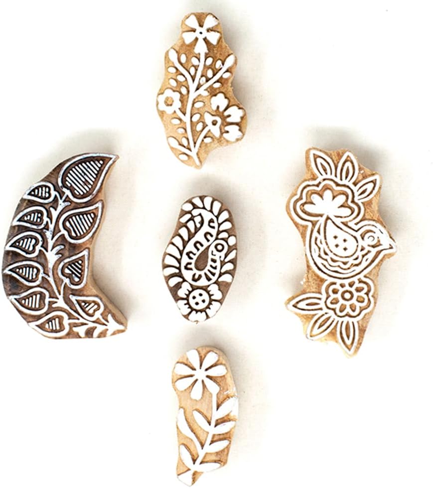 Wooden Printing Stamps - Wooden Block Stamps - Indian Textile Printing Blocks for Tattoo Clay Pottery Henna Card Making Pack of 5, Hashcart®