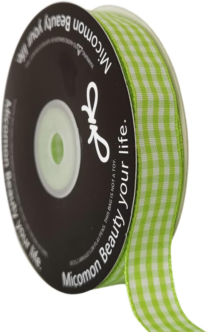 Apple Green Light Green Gingham Plaid Checked Ribbon 25 Yards Each Roll 100% Polyester (5/8",Apple.Green)