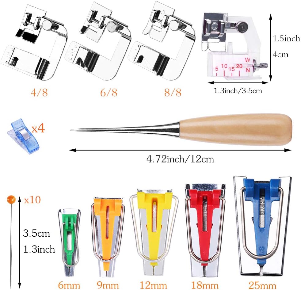 LUNARM Bias Tape Tool Kit with Instruction, 5 Sizes Bias Tape Maker (6mm 9mm 12mm 18mm 25mm) with 4 Pcs Sewing Machine Presser Foot, Sewing Clips, Ball Point Pins, Awl, for Fabric Sewing and Quilting