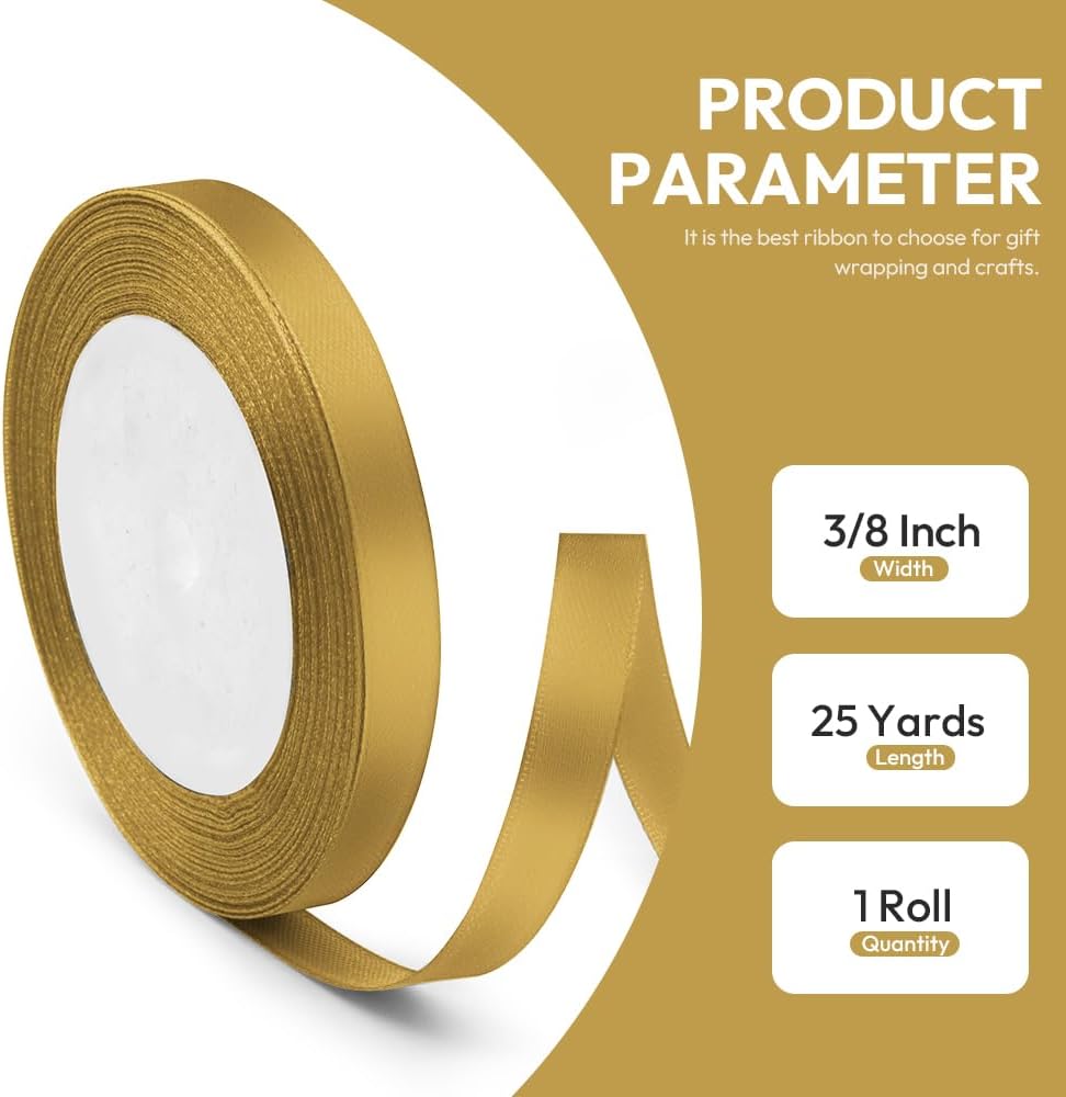 3/8" x 25 Yards Satin Ribbon, Dark Gold Silk Ribbon Ideal for Gift Wrapping, Floral Bouquets, Crafts, Wedding Party Decorations, Christmas and Sewing Projects