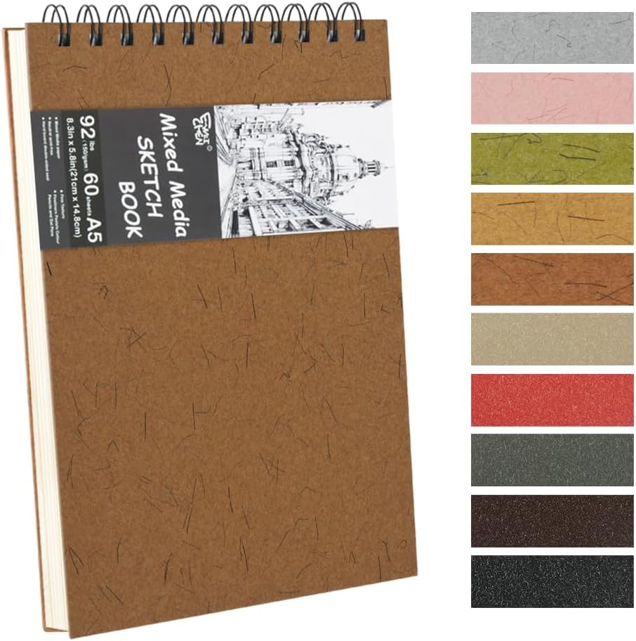 8.3x5.8 Sketch Book, Top Spiral Bound Sketch Pad, 60sheets 92lb/150gsm Nature White Paper, Acid-Free Mixed Media Paper for Painting, Dawing & Art Supplies.N-Coffee
